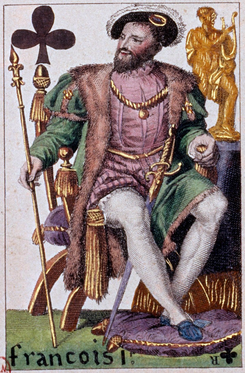 国王弗朗索瓦一世 (1494-1547) 的代表。 Gustave Houbigant (1789-1862) 19 世纪巴黎 B.N. 制作的扑克牌细节 作者 阿曼·古斯塔夫·霍比甘
