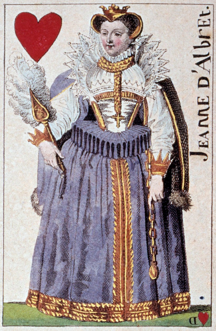 代表阿尔布雷特的圣女贞德（纳瓦拉的琼三世）（1528-1572 年）亨利四世（1553-1610 年）的母亲。 Gustave Houbigant (1789-1862) 19 世纪巴黎 B.N. 制作的扑克牌细节 作者 阿曼·古斯塔夫·霍比甘