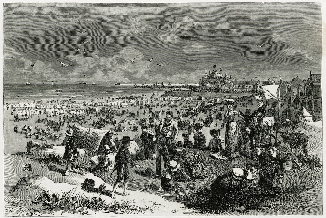 Ostend Beach. Engraving by A.Heins, to illustrate the story “” La Belgique””, by Camille Lemonnier (1844-1913), writer and art critic. Published in the Tour du monde new journal des voyages 作者 阿曼·让·海因斯