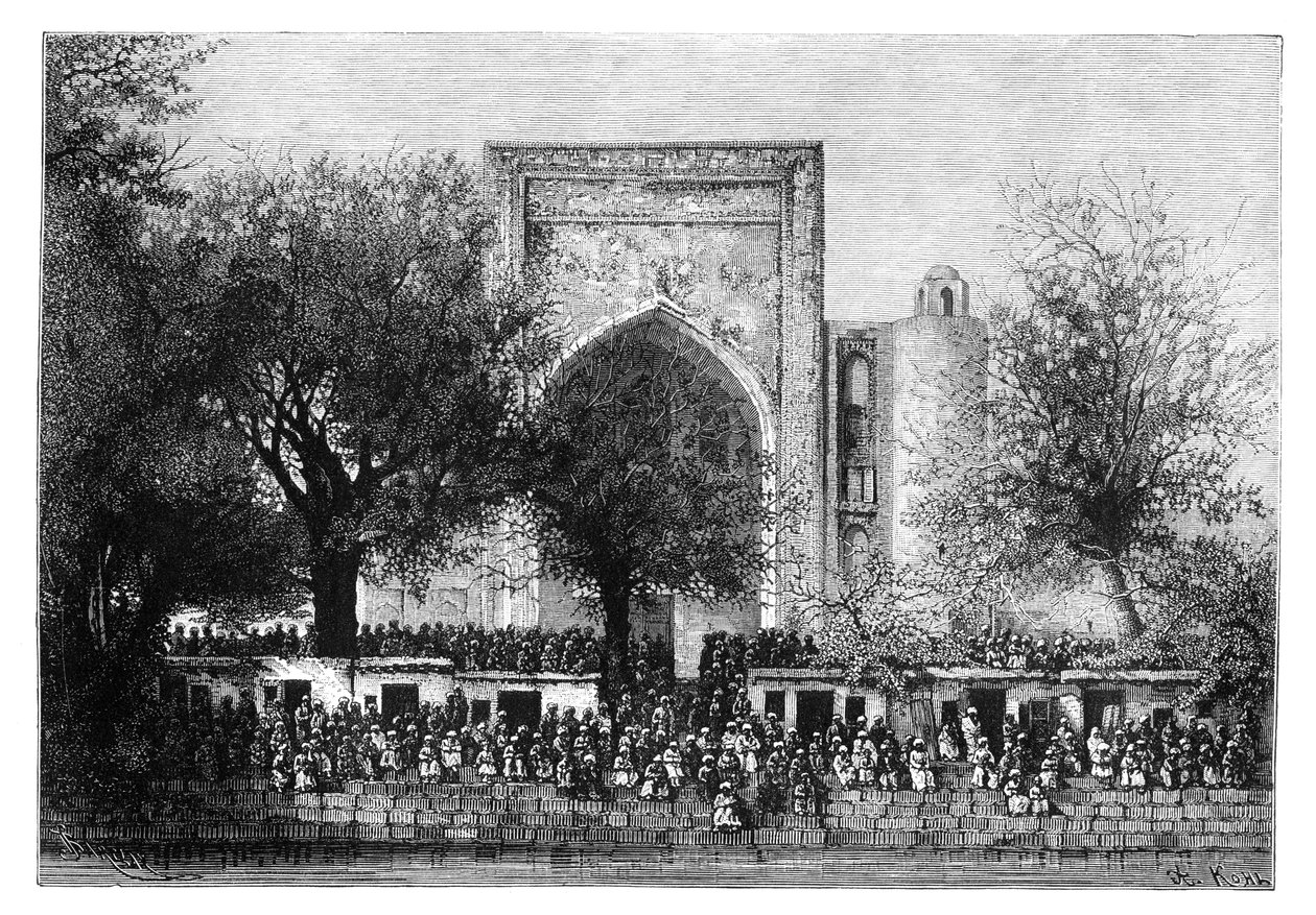 1895年，乌兹别克斯坦布哈拉清真寺前的集会。 作者 阿曼·科尔（Armand Kohl）
