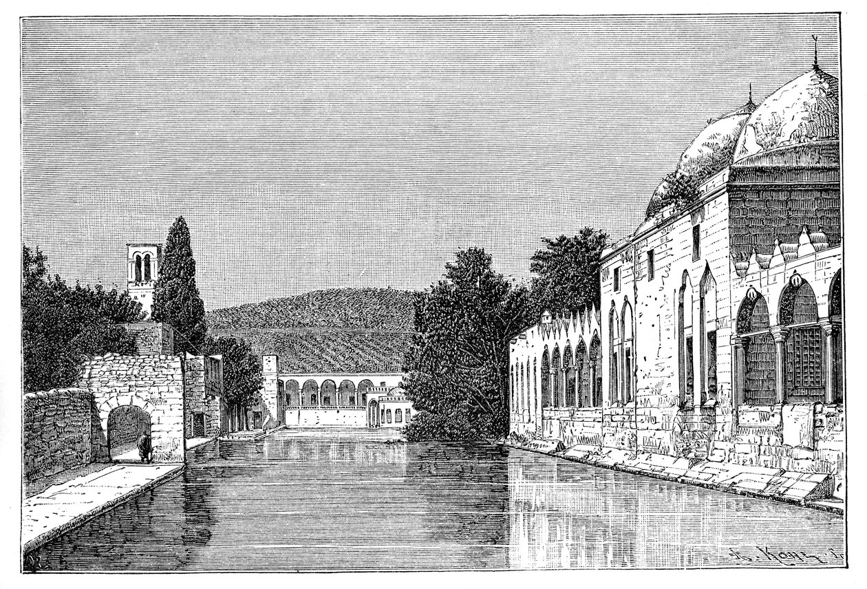 亚伯拉罕的清真寺和喷泉，以色列西岸，泰耶巴的奥夫拉，1895年。 作者 阿曼·科尔（Armand Kohl）