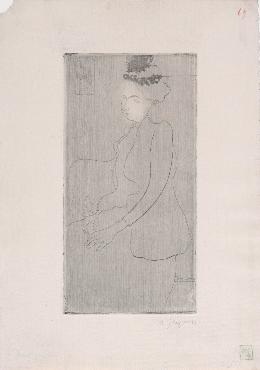 Femme assise avec chapeau a plumes（带羽毛帽子的坐着的女人），约 1893 年（蚀刻版画） 作者 阿曼·塞金（ArmandSéguin）
