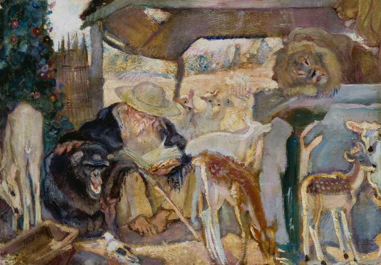 动物中的圣安东尼，阿曼多·斯帕迪尼（Armando Spadini，1883-1925），船上油彩，66x96 厘米 作者 阿曼多·斯帕迪尼（Armando Spadini）