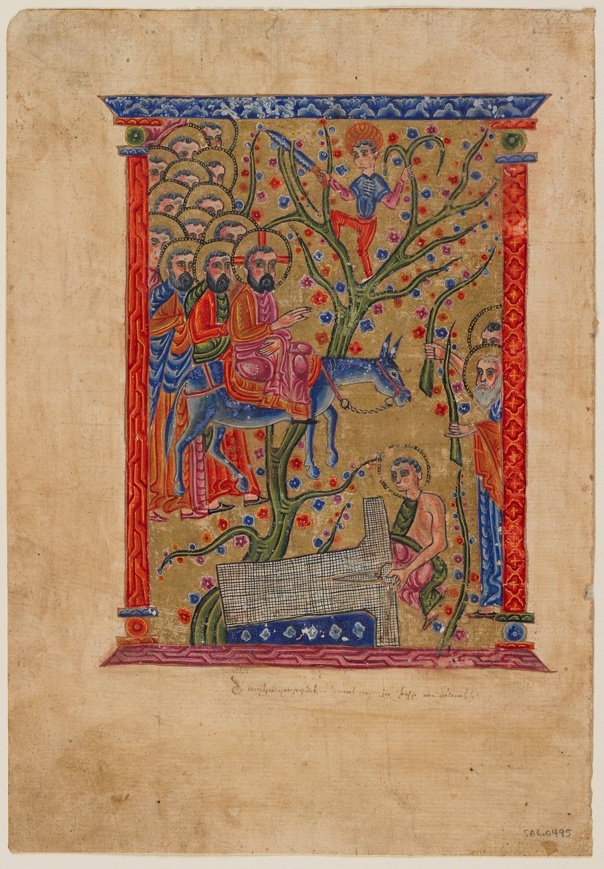 来自亚美尼亚手稿的Folio：进入耶路撒冷，c.1500（墨水，不透明的卫生纸和纸上的黄金） 作者 亚美尼亚学校