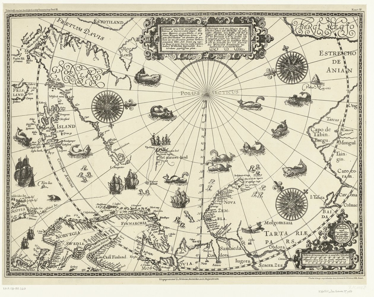 显示荷兰人三次航行的北极圈周边国家地图，1598 年
Beschrijvinghe van de drie seylagien door de Hollanders gedaen ande Noordt syde van Noorweghen, Moscovia, nova Sembla, en door het deel van Groenlandt op de 80. 作者 阿诺 AJ 皮斯托尔