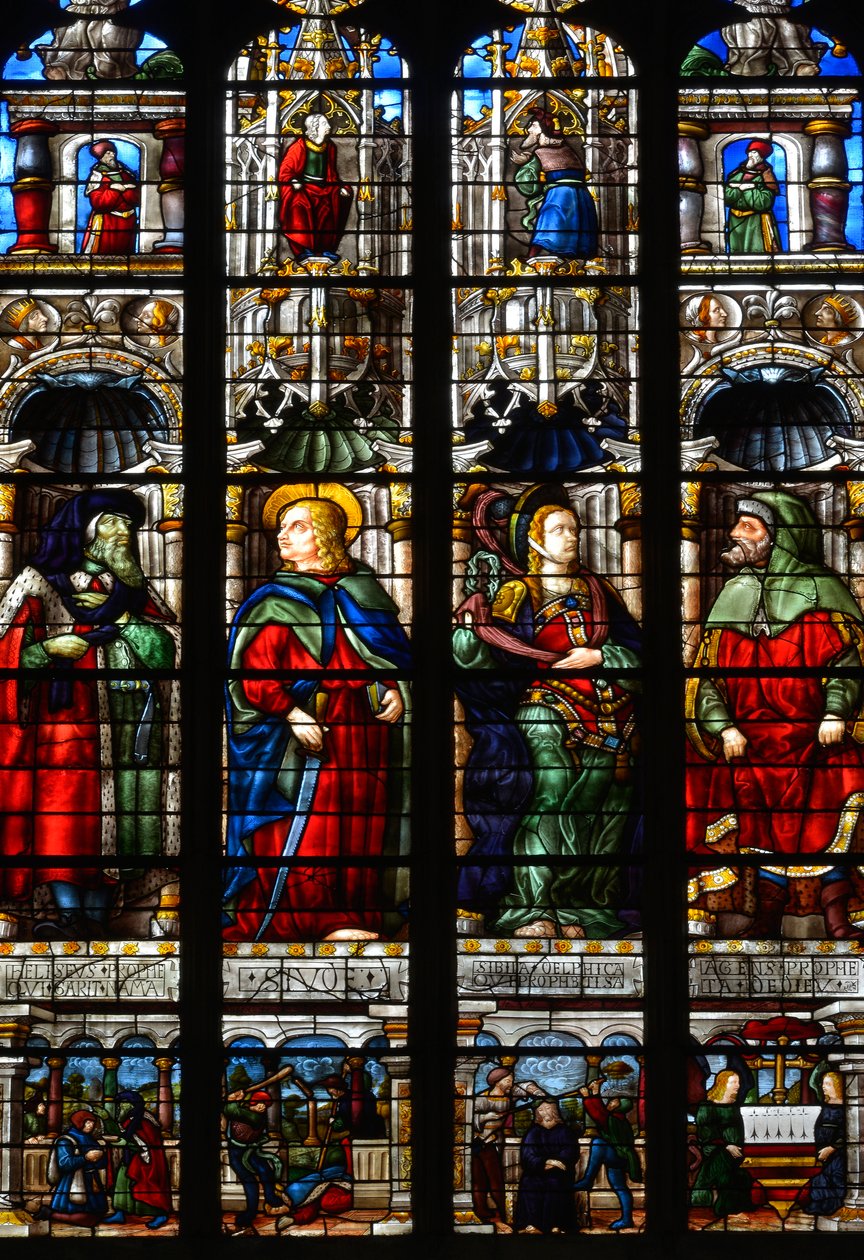 Saint Matthias (Mathias)、Ezra (或 Ezra)、先知 Habacuc (或 Habaquq) 和 Sibylle Tiburtine (或 Albunea of Tibur) - Arnaud de Moles (1470-1520) 的激情教堂的彩色玻璃 1513 年 - 圣玛丽德奥赫大教堂（德国） 作者 Arnaud de Moles