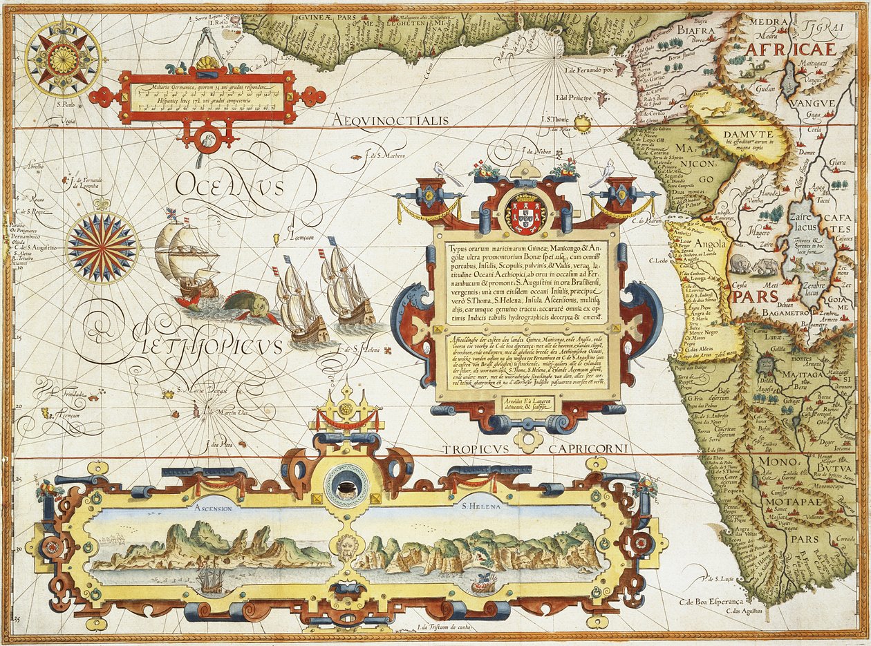 西非海岸线地图，1596年（手工彩色雕刻） 作者 阿诺德·弗洛朗·范·朗伦