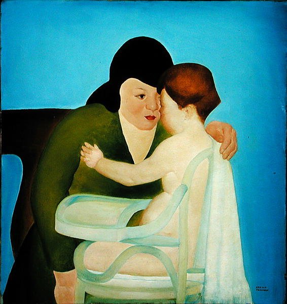 高脚椅上抱着孩子的女人（布面油画） 作者 阿诺德·亚伦·弗里德曼