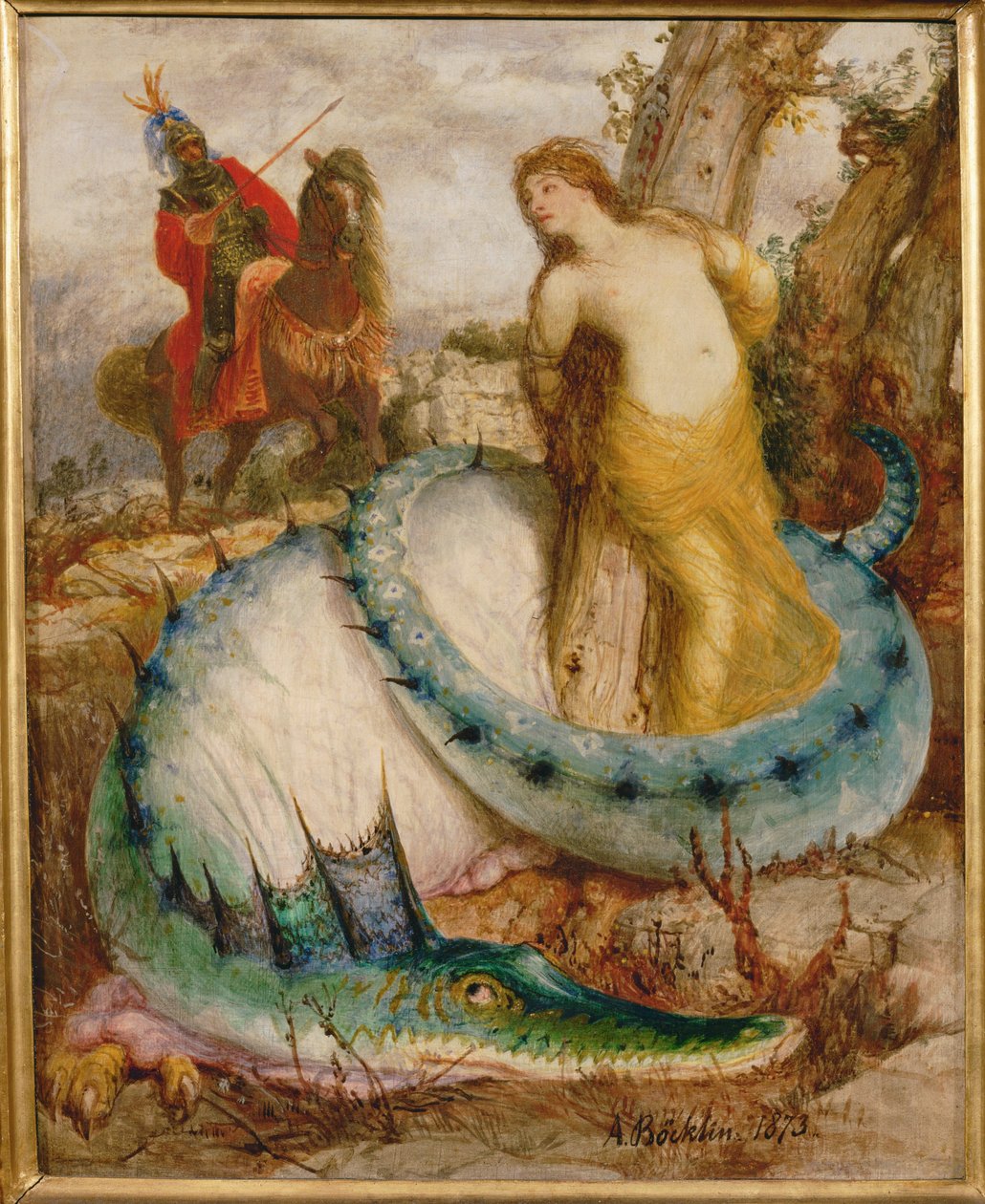 Angelica und der Drache - 当归和龙......（木板上的钢笔画） 作者 阿诺德·伯克林