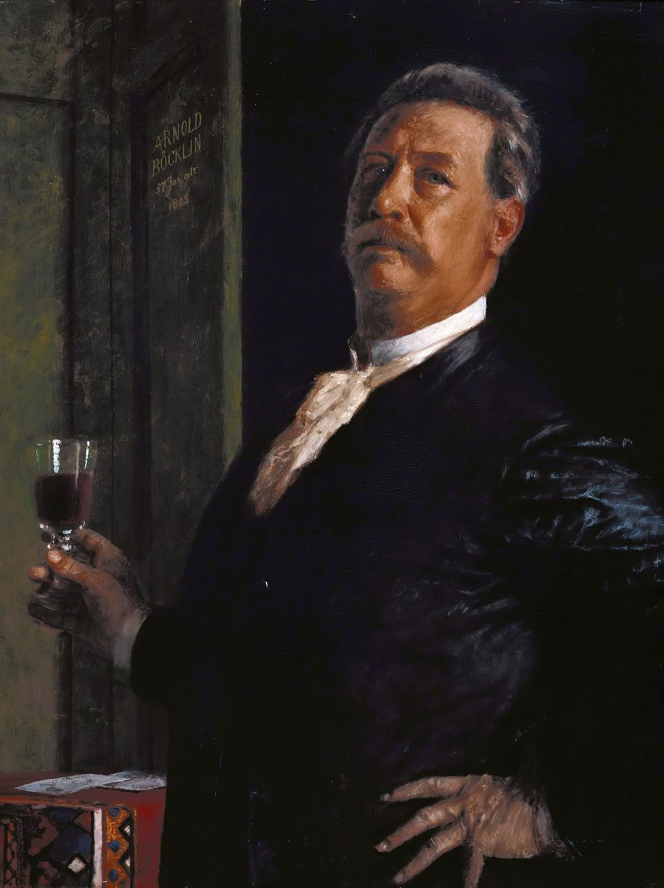 自画像与酒杯，1885年。 作者 阿诺德·伯克林