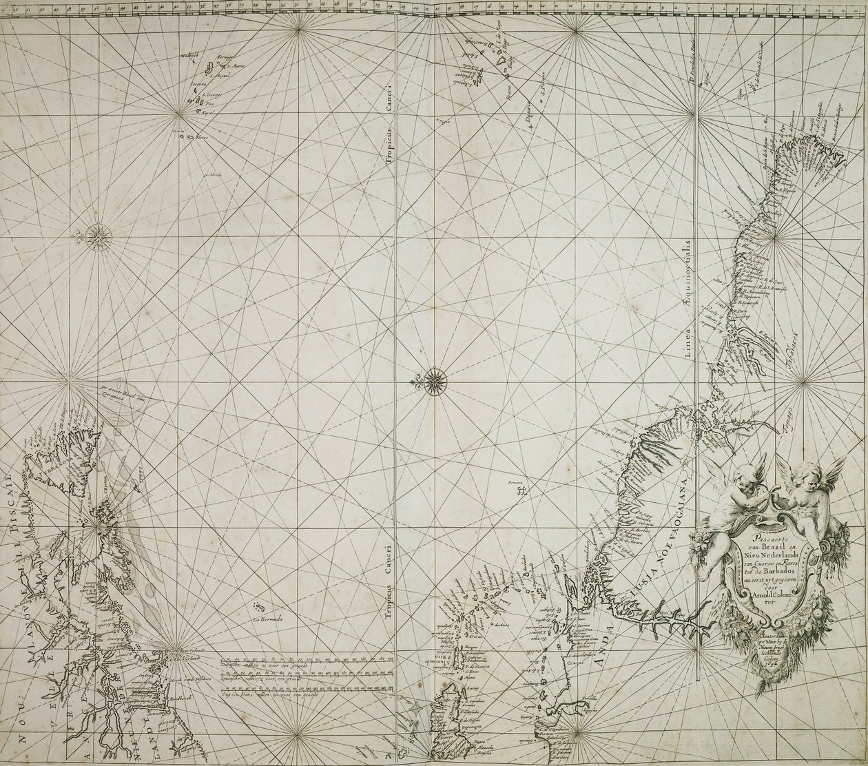 雅各布-科洛姆的《Atlas of welts-water-deel en des selfs zee-custen 》中装订的巴西地图 作者 阿诺德·科洛姆