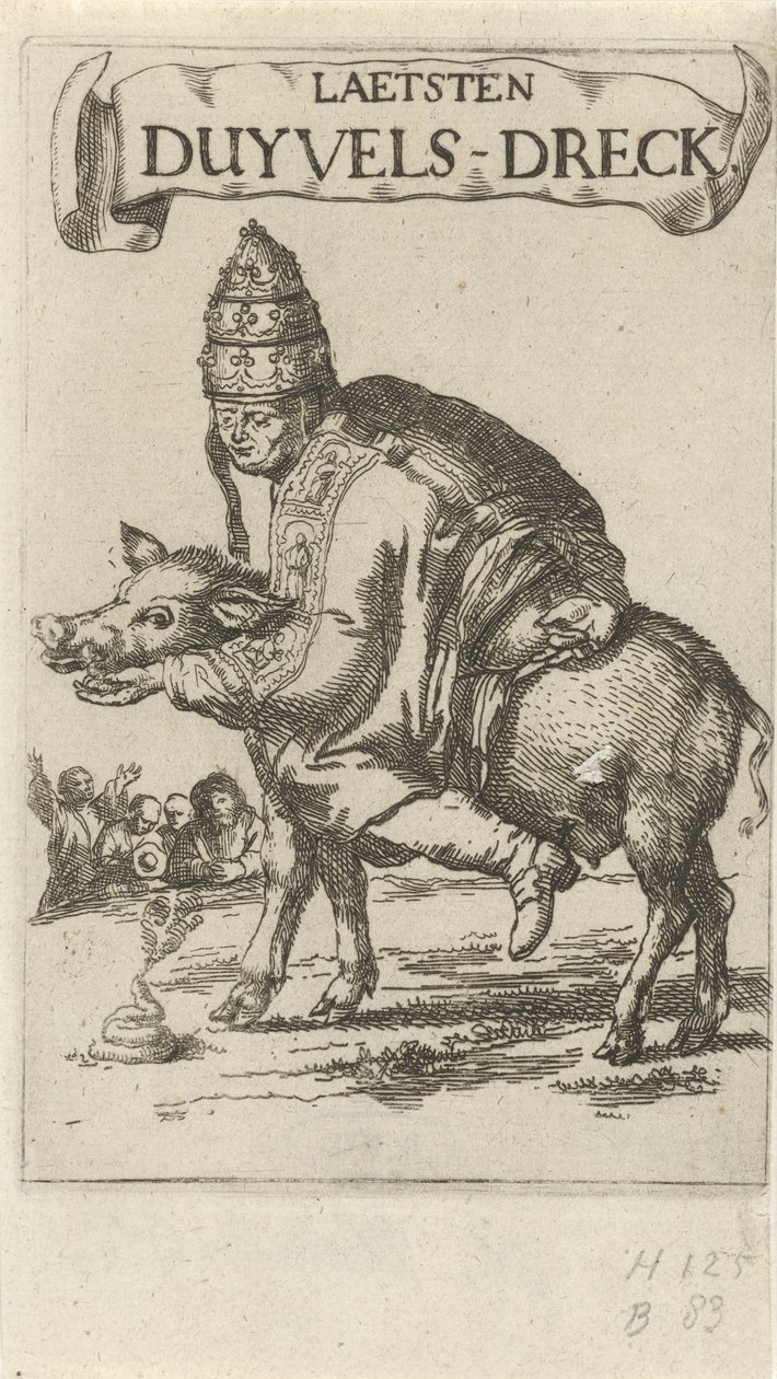 猪身上的教皇
扉页为J. Lydius，Laetsten duyvels-dreck，1687 年 作者 阿诺德（Arnold Houbraken）