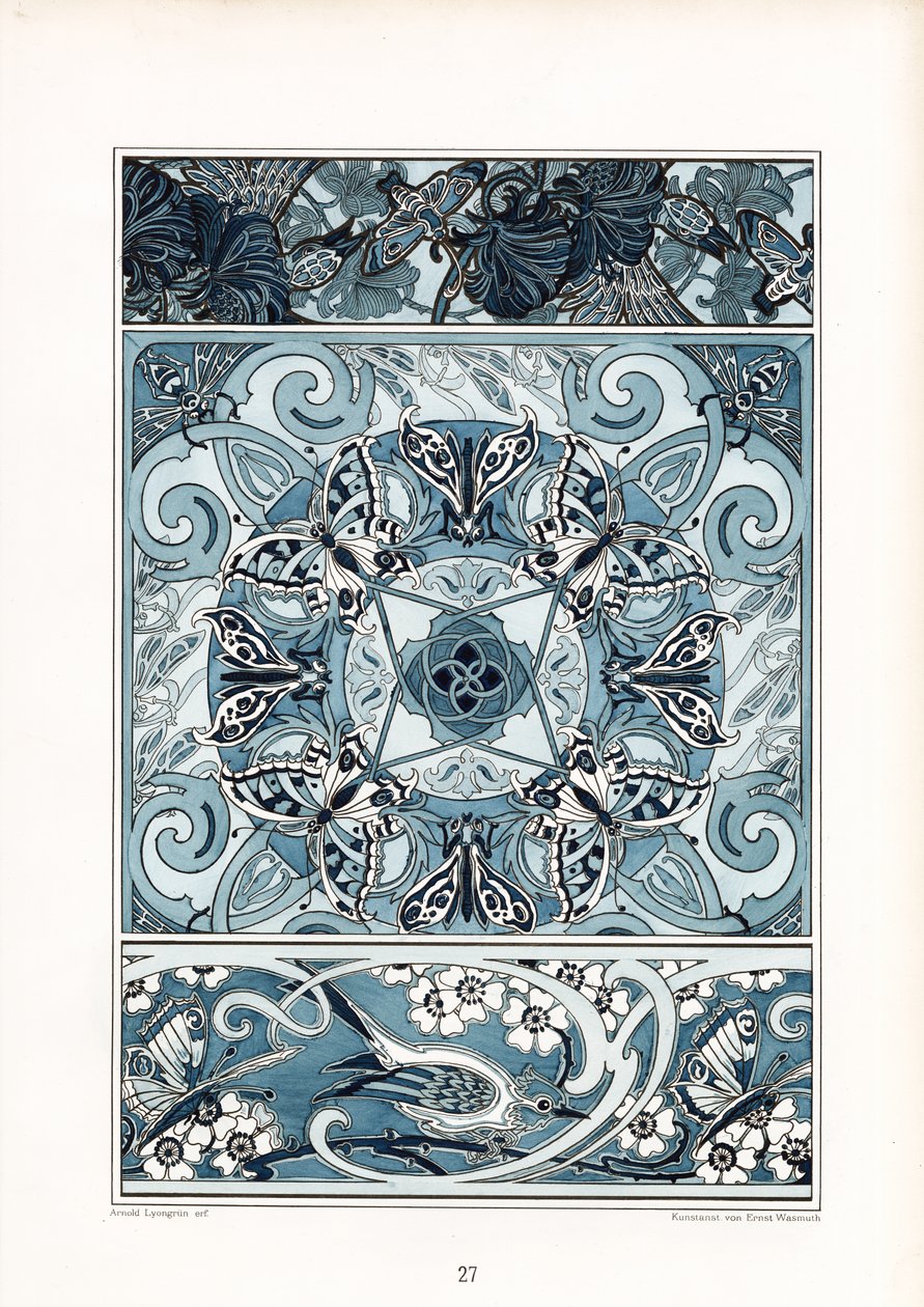 蓝白装饰图案与蝴蝶和小鸟（石版画） 作者 阿诺德·林润（Arnold Lyongrun）