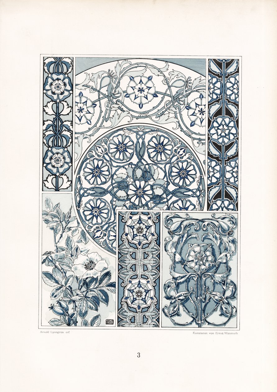 蓝白野玫瑰图案和装饰结构（石版画） 作者 阿诺德·林润（Arnold Lyongrun）