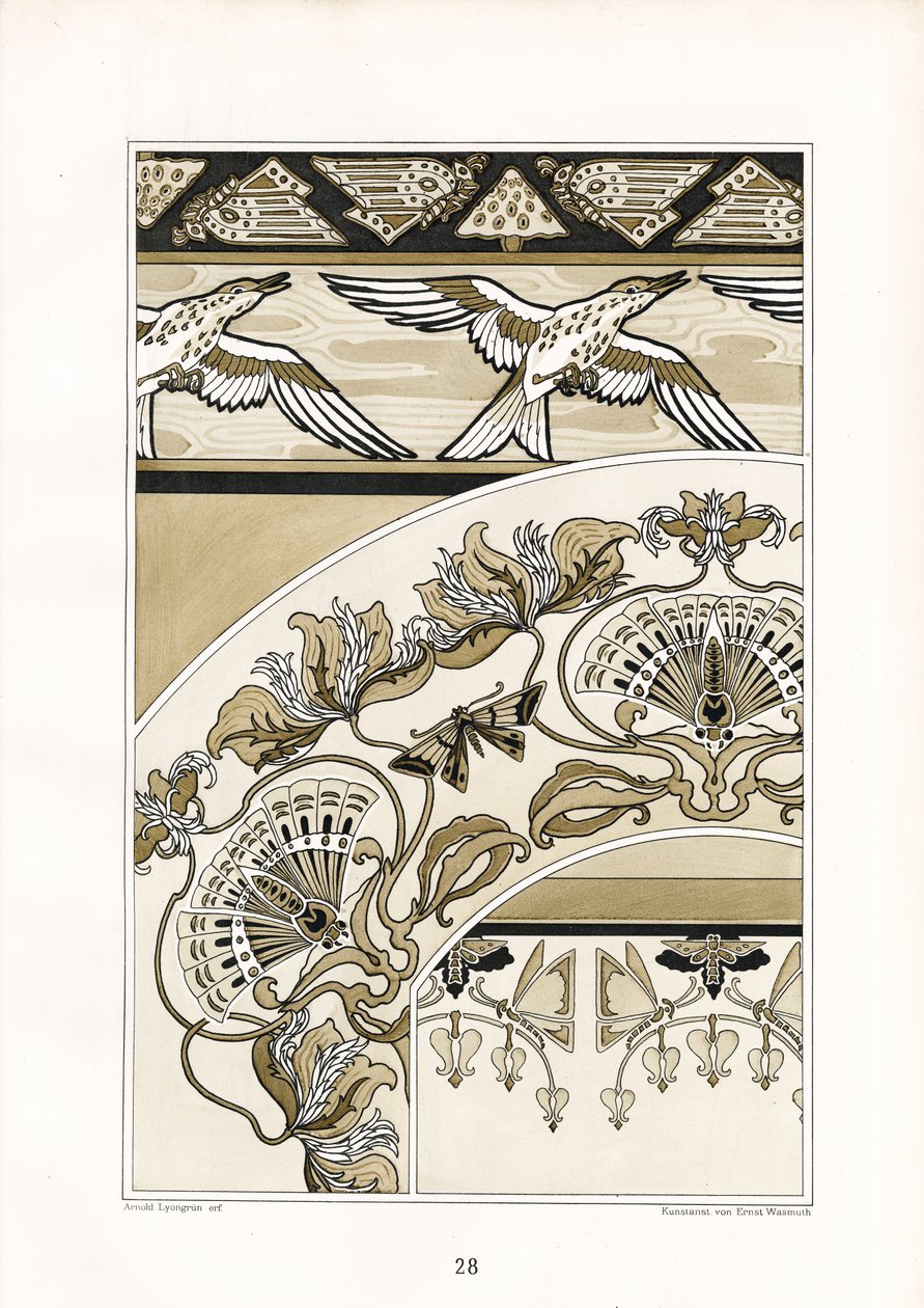 带有鸟和扇子图案的新艺术装饰品（石版印刷品） 作者 阿诺德·林润（Arnold Lyongrun）