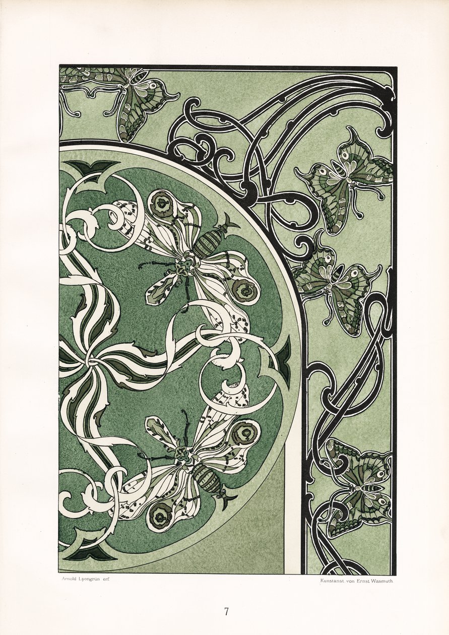 绿色装饰构图中的昆虫图案（石版画） 作者 阿诺德·林润（Arnold Lyongrun）