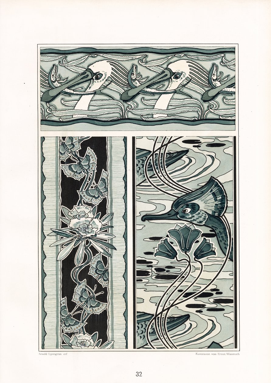 天鹅和蝴蝶图案装饰画（石版画） 作者 阿诺德·林润（Arnold Lyongrun）