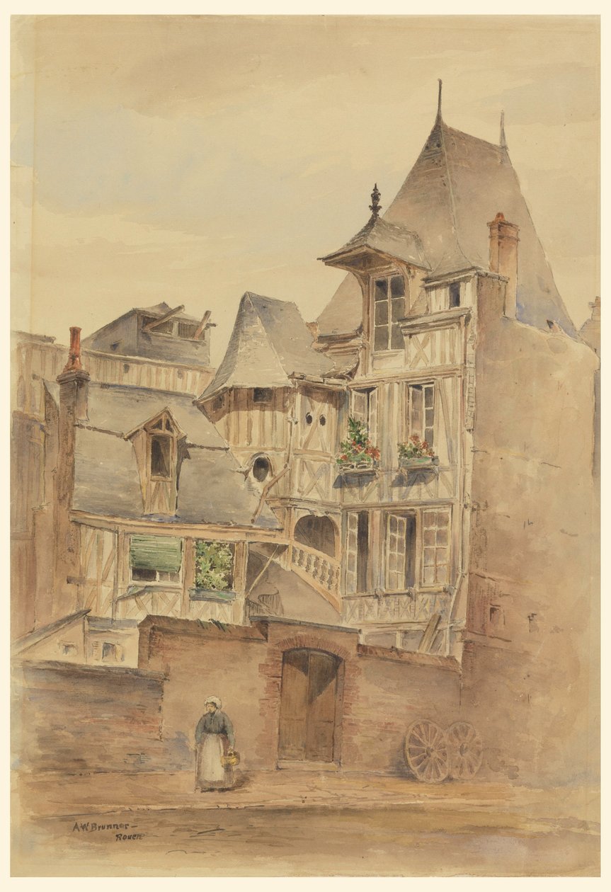素描，有中世纪房屋的街景，约 1885 年 作者 阿诺德威廉布伦纳