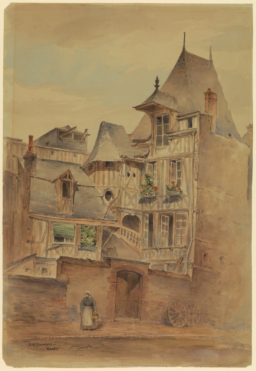 素描，有中世纪房屋的街景，约 1885 年 作者 阿诺德威廉布伦纳