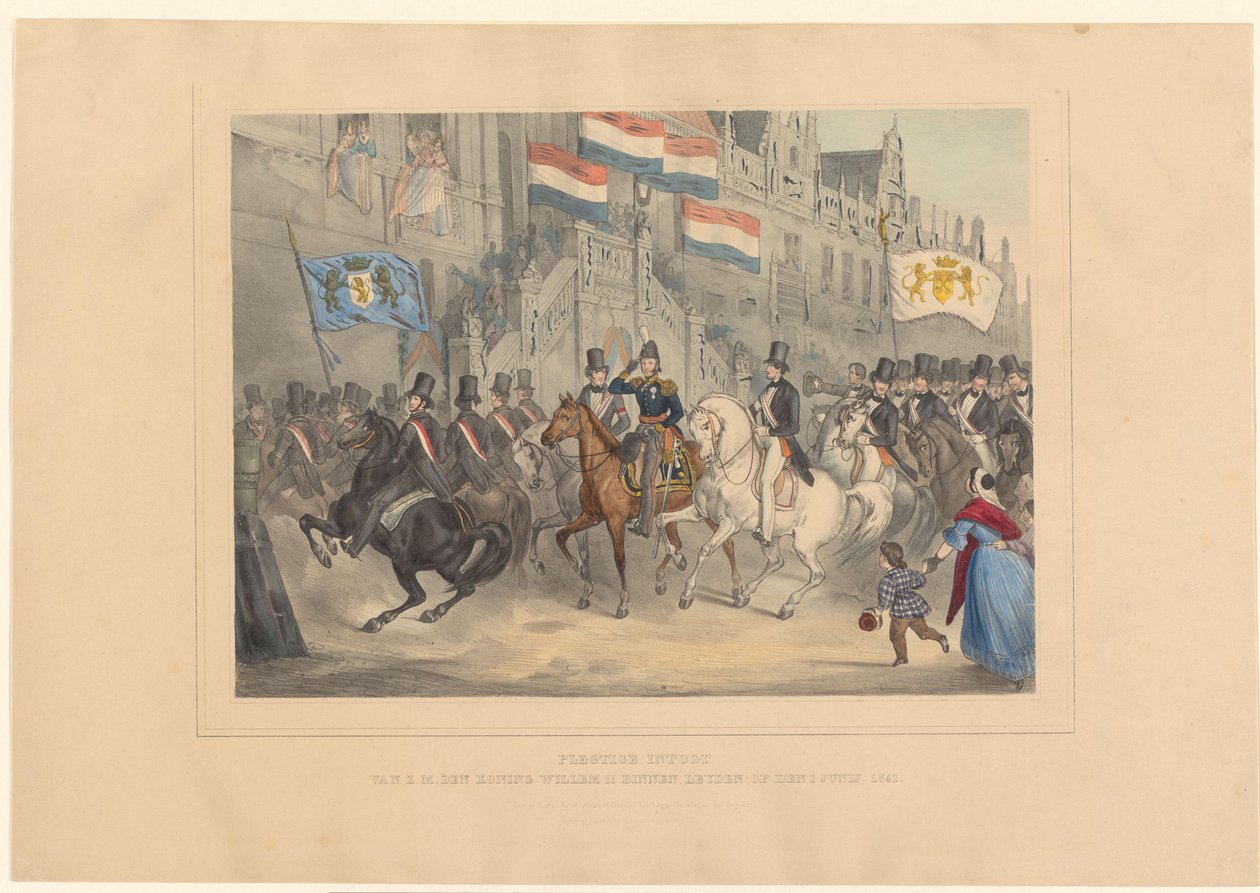 国王威廉二世进入莱顿，1841 年
Plegtige Intogt van Z.M. den Koning Willem II binnen Leyden op den 1 junij 1841（标题见实物） 作者 阿兹和公司