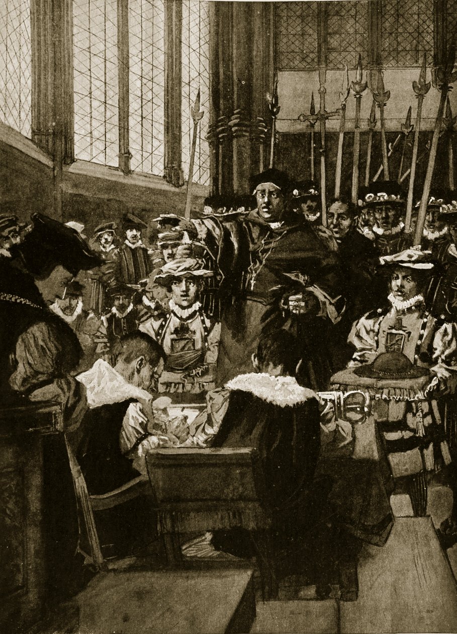 沃尔西入侵下议院，1523年，“哈钦森的英国民族故事”中的插图，c.1923 作者 亚瑟·大卫·麦考密克