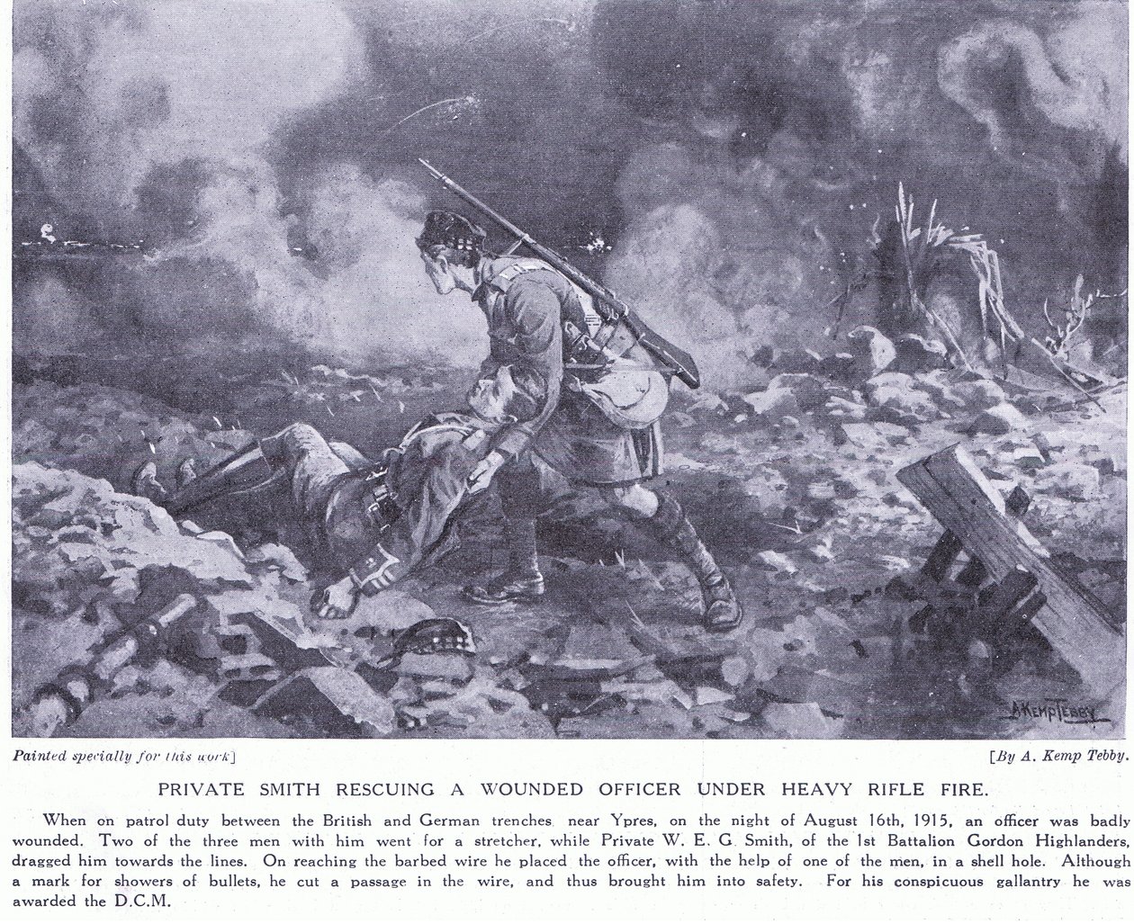 私人史密斯在重型火力下救出受伤的军官，并于1915年8月获得DCM Ypres 作者 亚瑟·肯普·特比（Arthur Kemp Tebby）