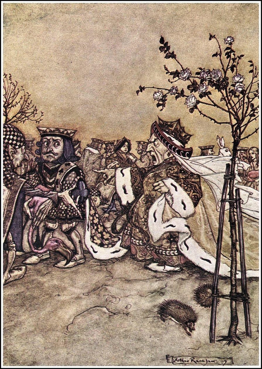 Alices Adventures in Wonderland  - 女王从未与其他玩家争吵，大喊：用他的脑袋离开！或：她的头！ 作者 亚瑟·拉克汉姆（Arthur Rackham）