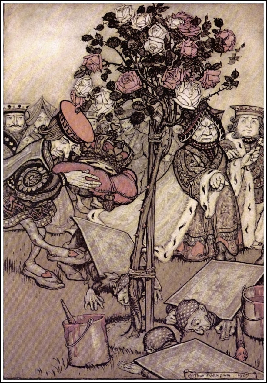 Alices在仙境中冒险 - 女王愤怒地转身远离他并对Knave说：把它们翻过来。 作者 亚瑟·拉克汉姆（Arthur Rackham）