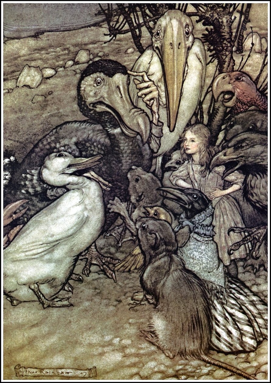 Alices Adventures in Wonderland  - 他们开始拥挤而气喘吁吁地问：但谁赢了？ 作者 亚瑟·拉克汉姆（Arthur Rackham）