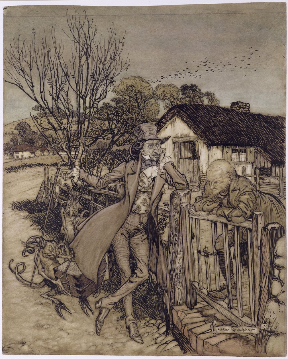与魔鬼交易，1907年（wc，笔和墨水在纸上） 作者 亚瑟·拉克汉姆（Arthur Rackham）