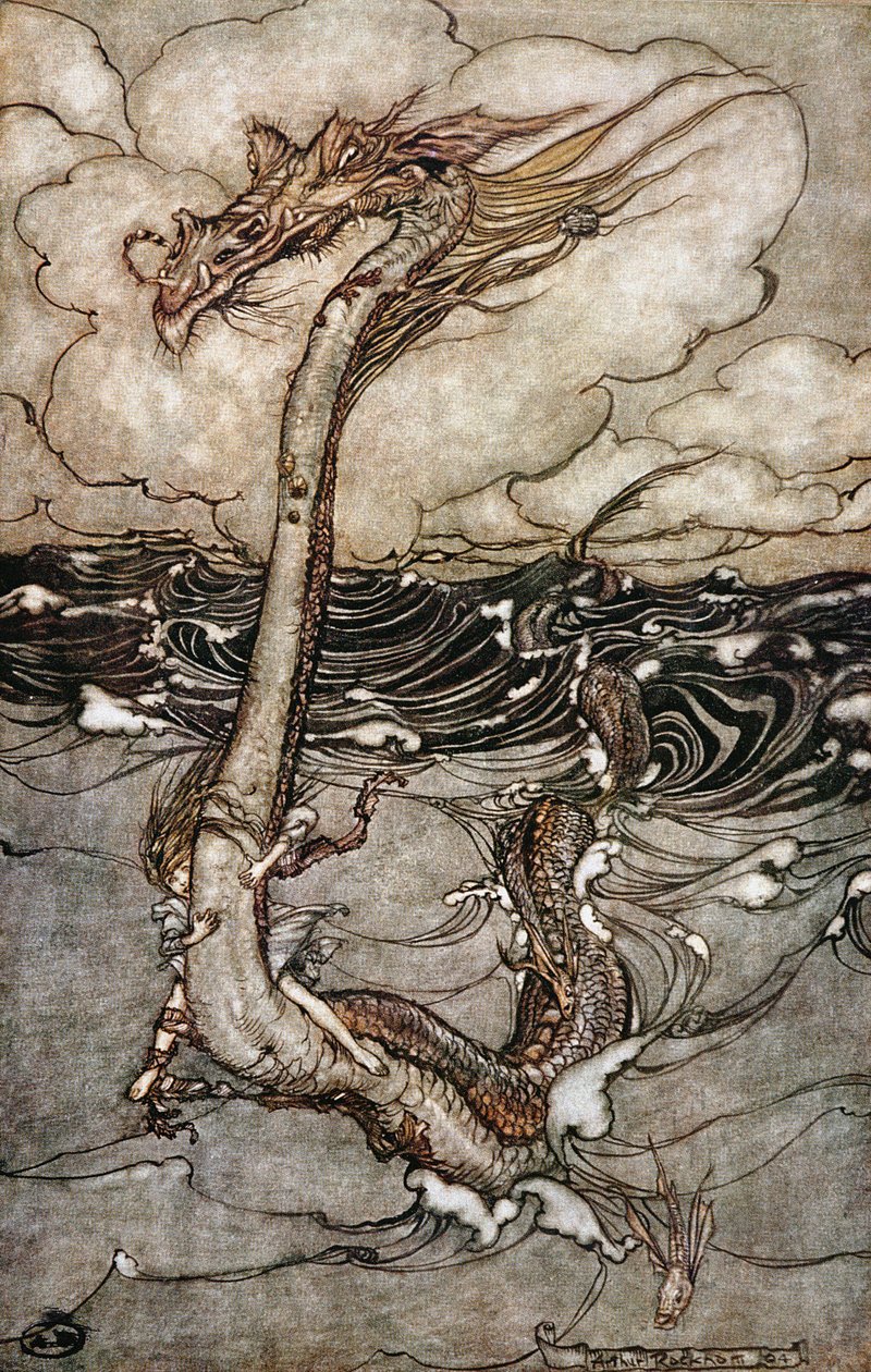一个年轻的女孩骑着海蛇，1904年 作者 亚瑟·拉克汉姆（Arthur Rackham）