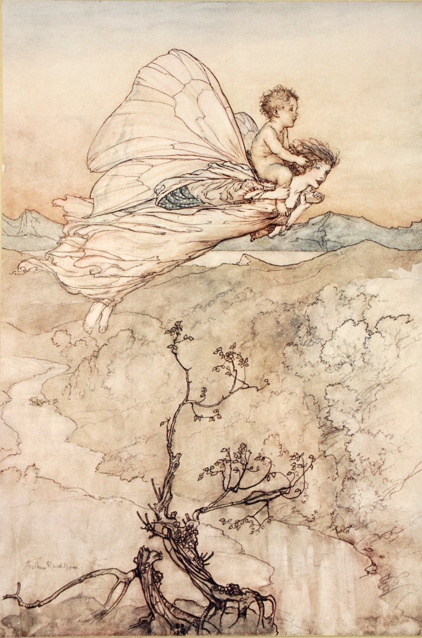 ..和她的仙女被送到童话般的土地上，在1988年威廉·莎士比亚的“仲夏夜之梦”中插图 作者 亚瑟·拉克汉姆（Arthur Rackham）
