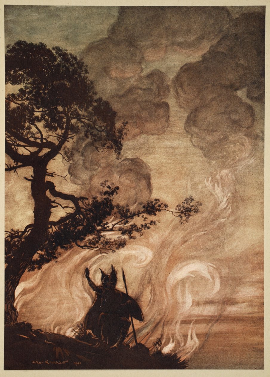 当他慢慢走开时，沃坦转身看着悲伤地回到Brunnhilde，来自&39;The Rhinegold and the Valkyrie&39;，1910年的插图 作者 亚瑟·拉克汉姆（Arthur Rackham）