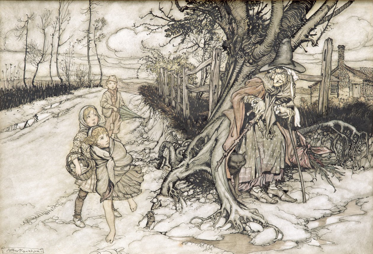 孩子们被女巫吓了一跳（wc，笔和墨水在纸上） 作者 亚瑟·拉克汉姆（Arthur Rackham）