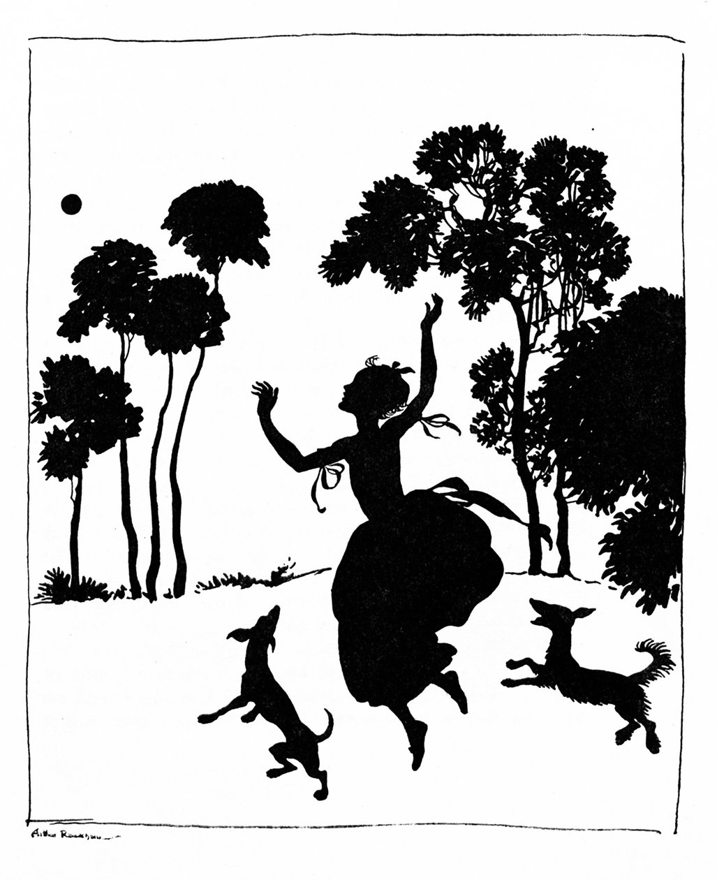 灰姑娘和她的狗一起玩，1919年 作者 亚瑟·拉克汉姆（Arthur Rackham）