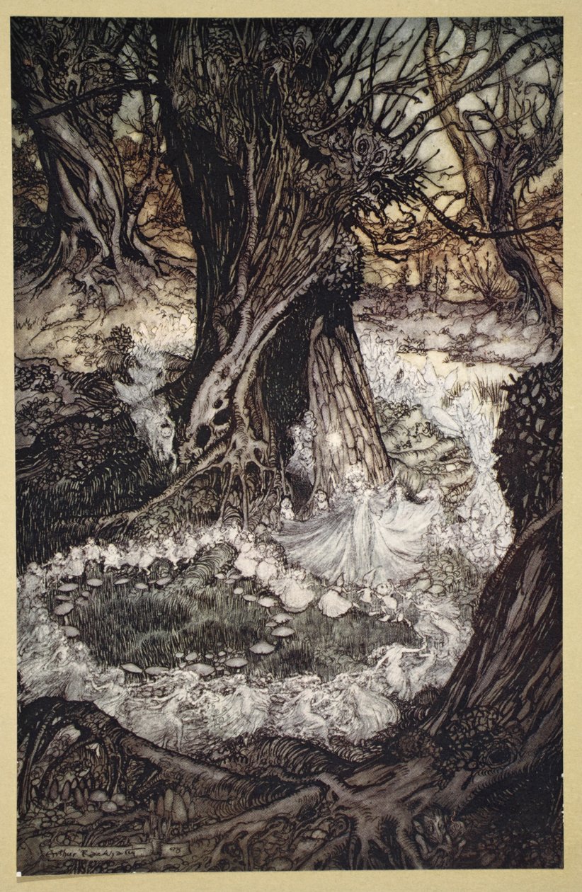 现在来看一个圆形的插图，来自“仲夏夜之梦”，威廉·莎士比亚，1908年 作者 亚瑟·拉克汉姆（Arthur Rackham）
