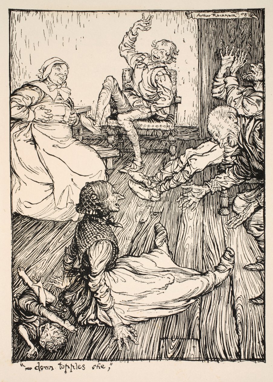 她倒下了她，1908年威廉·莎士比亚的“仲夏夜之梦”中的插图 作者 亚瑟·拉克汉姆（Arthur Rackham）