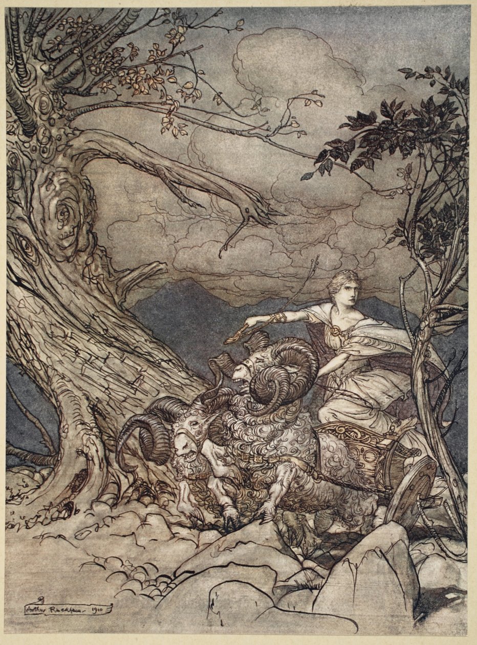 弗里卡接近愤怒，插图来自&39;The Rhinegold and the Valkyrie&39;，1910年 作者 亚瑟·拉克汉姆（Arthur Rackham）