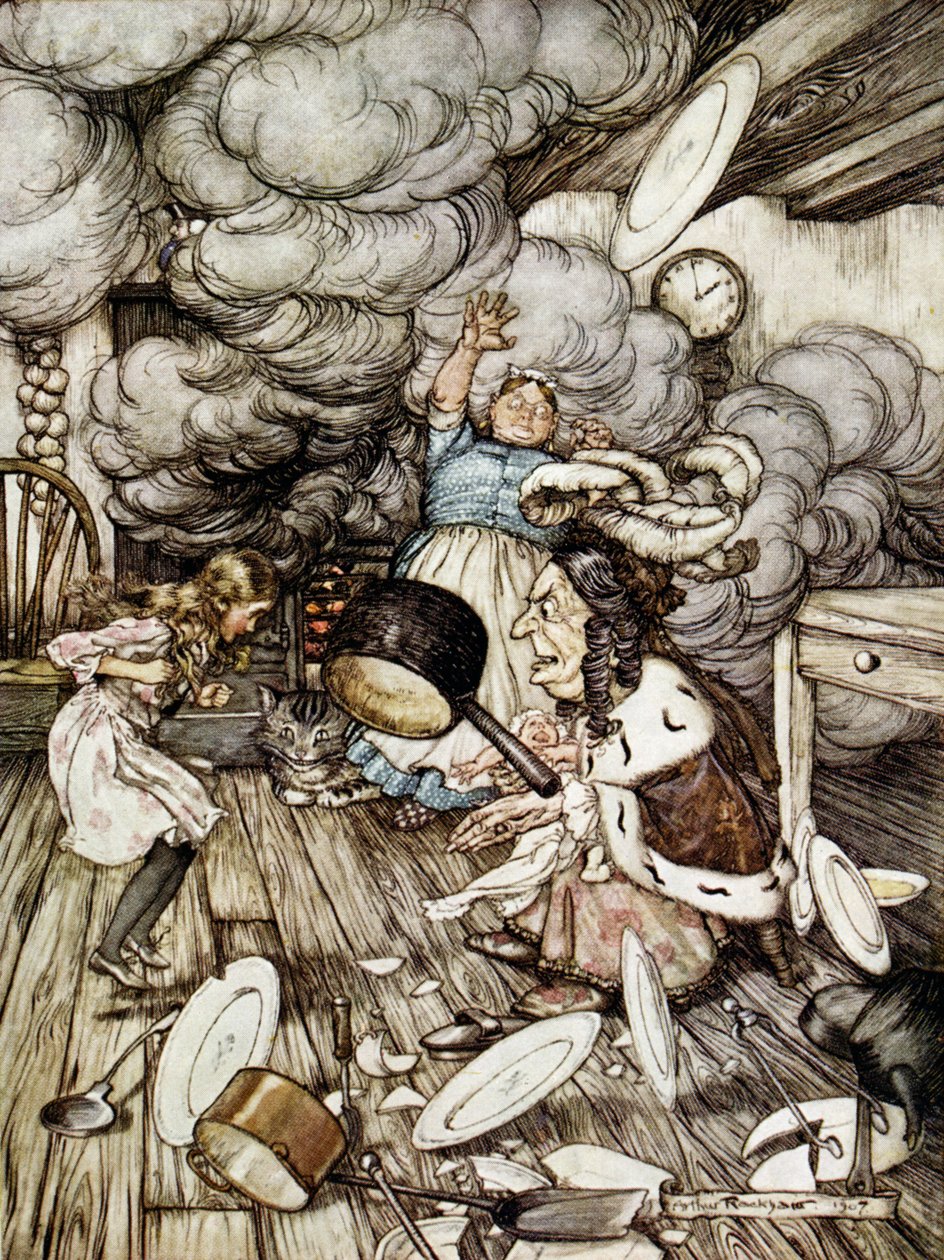在公爵夫人的厨房里，由Lewis Carroll（1832-98）1907年的“爱丽丝梦游仙境”插图 作者 亚瑟·拉克汉姆（Arthur Rackham）