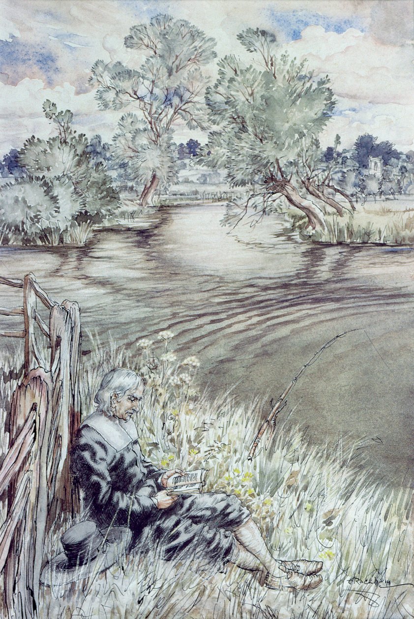 1931年，Izaak Walton在Izaak Walton的“The Compleat Angler”中斜倚着围栏 作者 亚瑟·拉克汉姆（Arthur Rackham）