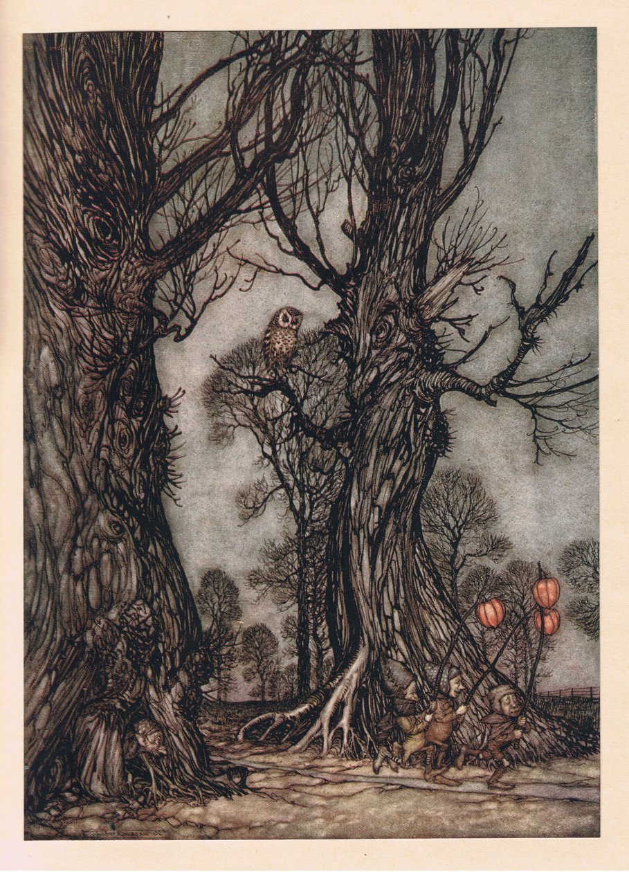 在前面携带冬季樱桃的链接员 作者 亚瑟·拉克汉姆（Arthur Rackham）
