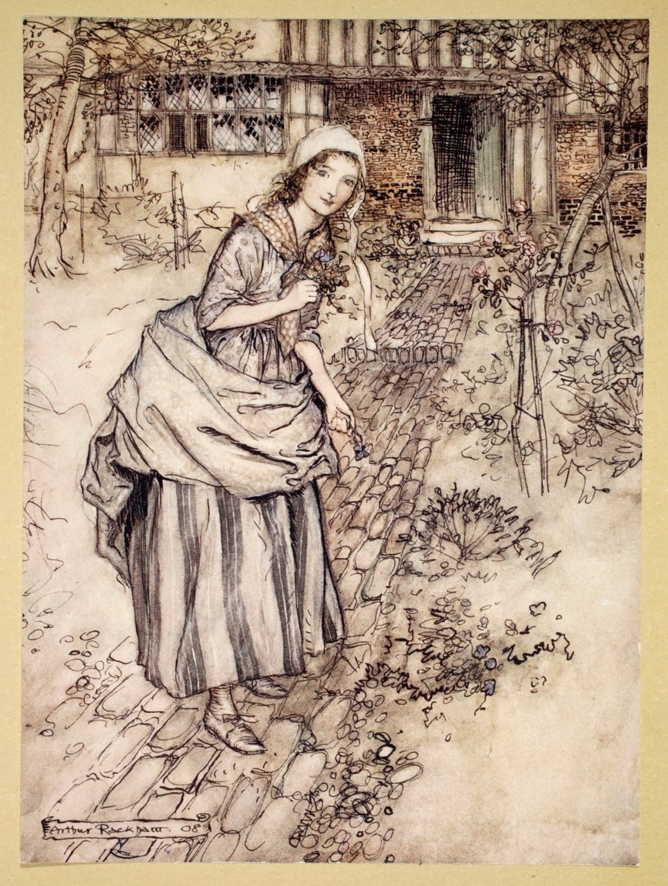 少女称其为“懒惰的爱情”，1908年威廉·莎士比亚的“仲夏夜之梦”中的插图 作者 亚瑟·拉克汉姆（Arthur Rackham）