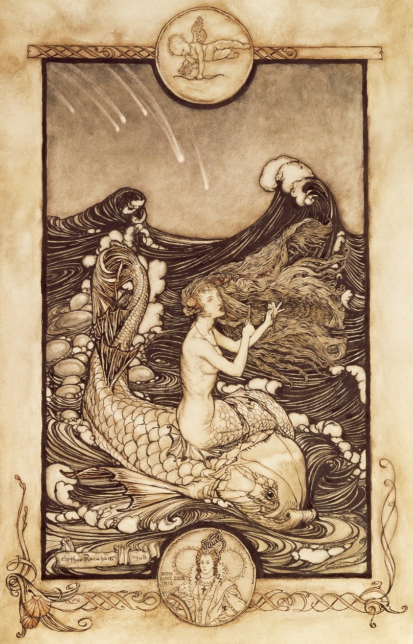 1908年“美国仲夏夜之梦”中的美人鱼和海豚 作者 亚瑟·拉克汉姆（Arthur Rackham）