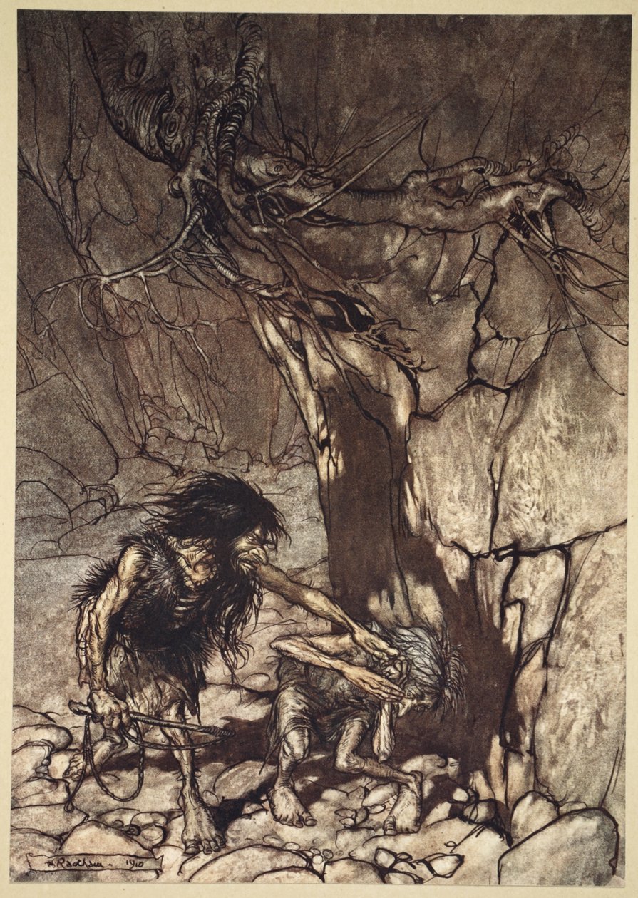 Mime嚎叫&39;哦！大江！哦!哦！&39;，来自&39;The Rhinegold and the Valkyrie&39;的插图，1910年 作者 亚瑟·拉克汉姆（Arthur Rackham）