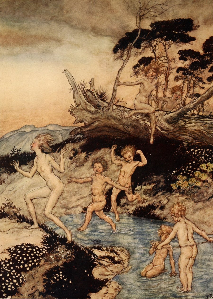 哦，生活中的好时光，1928年Nathaniel Hawthorne撰写的“女孩和男孩的奇迹书”中的插图 作者 亚瑟·拉克汉姆（Arthur Rackham）