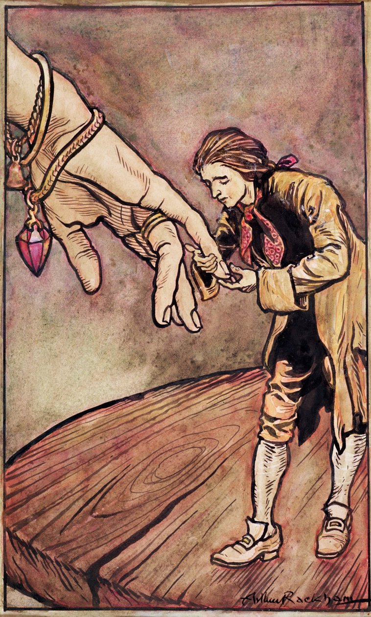 &39;Gulliver&39;s Travels&39;的原始水彩插图由Swift，Gulliver在Brobdingnag，1909年 作者 亚瑟·拉克汉姆（Arthur Rackham）