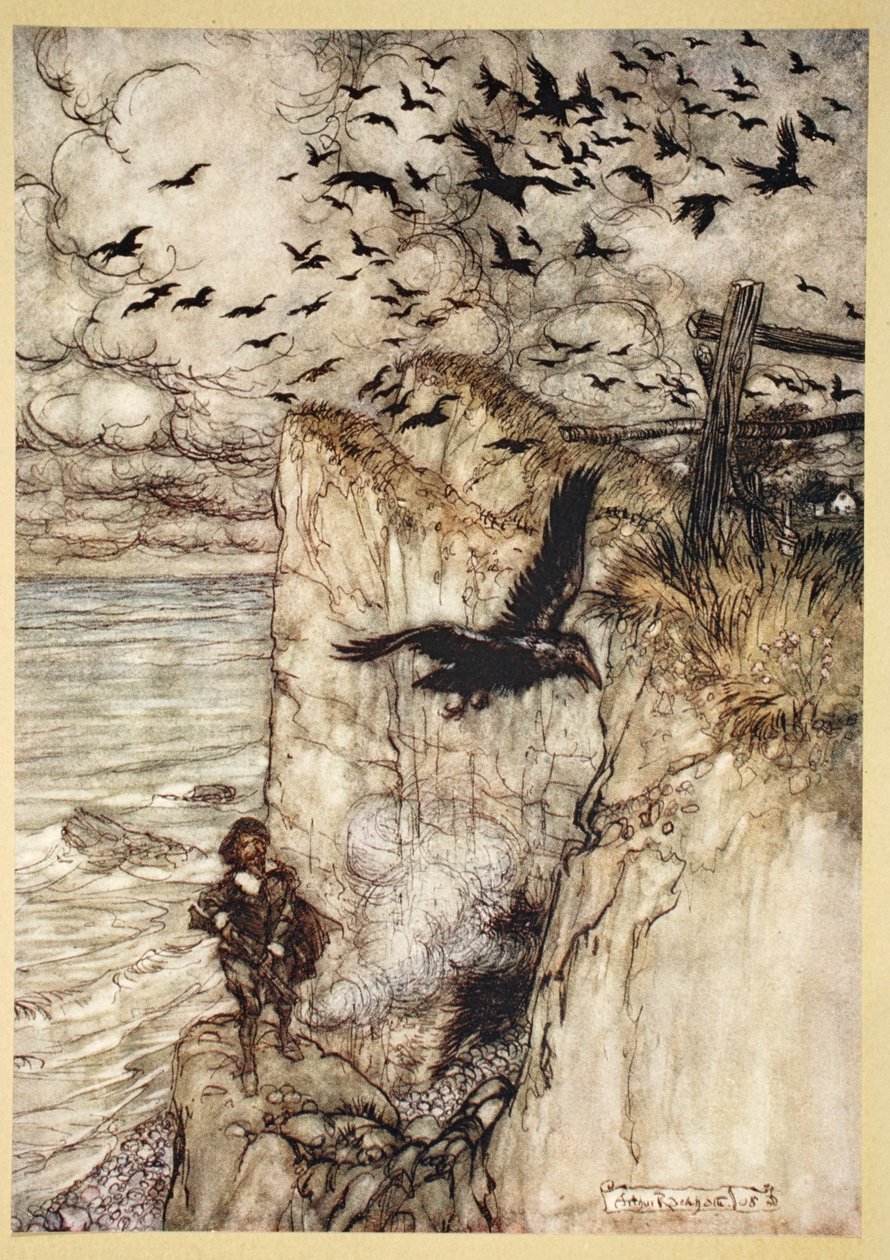 ..Rutset-pated choughs，许多有点像，在枪的报告中上升和翘起，来自威廉·莎士比亚的“仲夏夜之梦”，1908年的插图 作者 亚瑟·拉克汉姆（Arthur Rackham）
