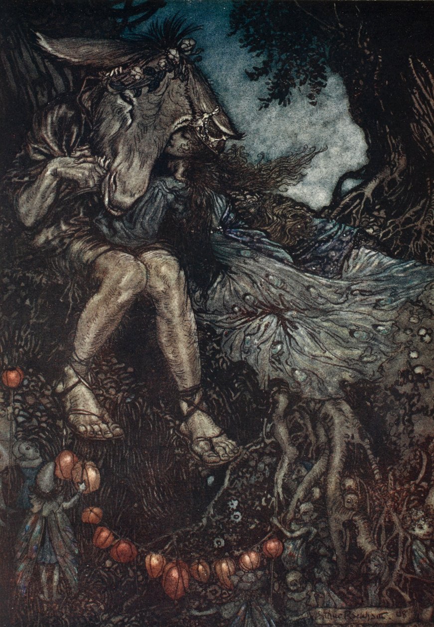 睡觉，我会把你抱在怀里，1908年威廉·莎士比亚的“仲夏夜之梦”中的插图 作者 亚瑟·拉克汉姆（Arthur Rackham）