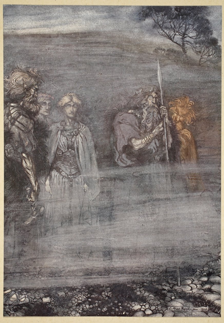 1910年，“莱茵金和女武神”中的插图显示，众神因失去弗雷亚而成长 作者 亚瑟·拉克汉姆（Arthur Rackham）