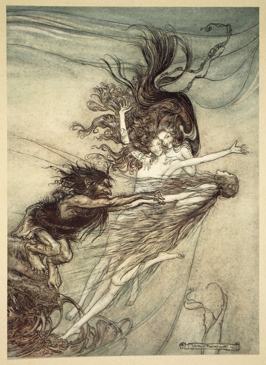 Rhinemaidens戏弄Alberich，插图来自&39;The Rhinegold and the Valkyrie&39;，1910年 作者 亚瑟·拉克汉姆（Arthur Rackham）